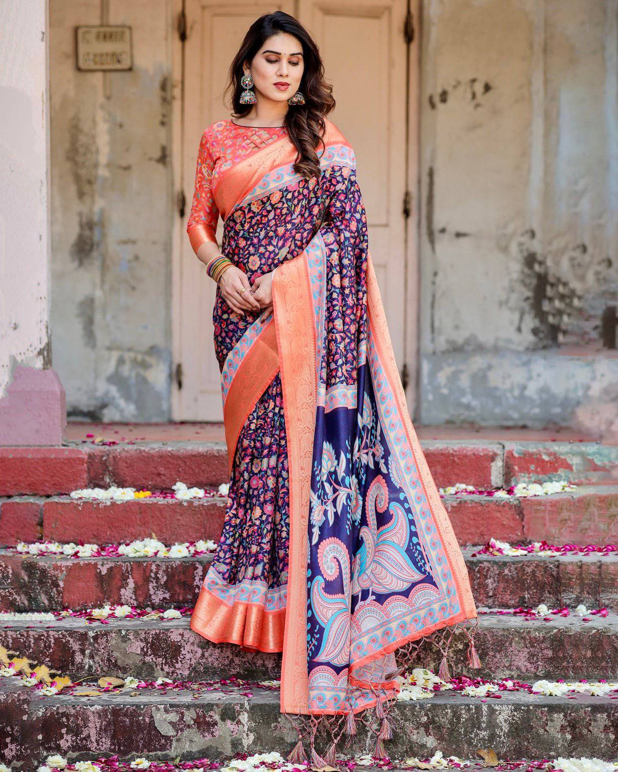 Navy Blue and Peach Banarasi Silk Saree with Peacock Motifs and Floral Zari Border