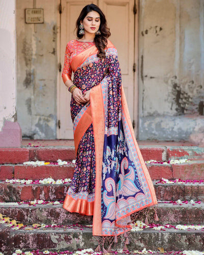 Navy Blue and Peach Tussar Silk Saree with Peacock Motifs and Floral Zari Border