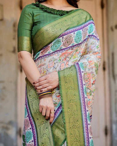 Ivory and Green Tussar Silk Saree with Elephant Motifs and Intricate Zari Border