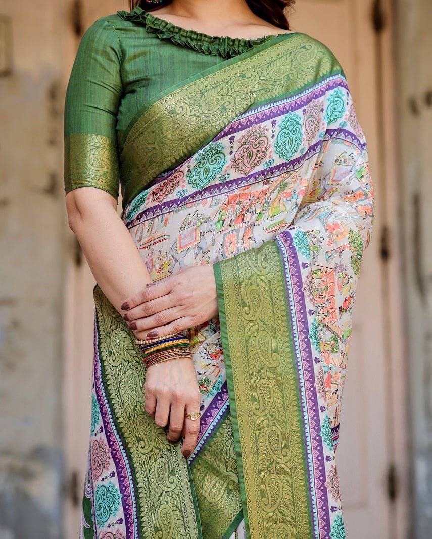 Ivory and Green Tussar Silk Saree with Elephant Motifs and Intricate Zari Border