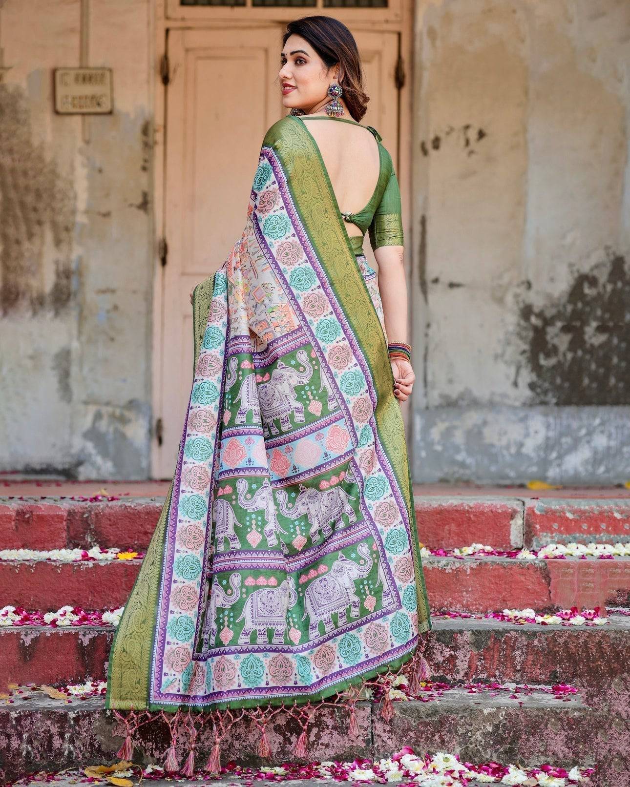 Ivory and Green Banarasi Silk Saree with Elephant Motifs and Intricate Zari Border