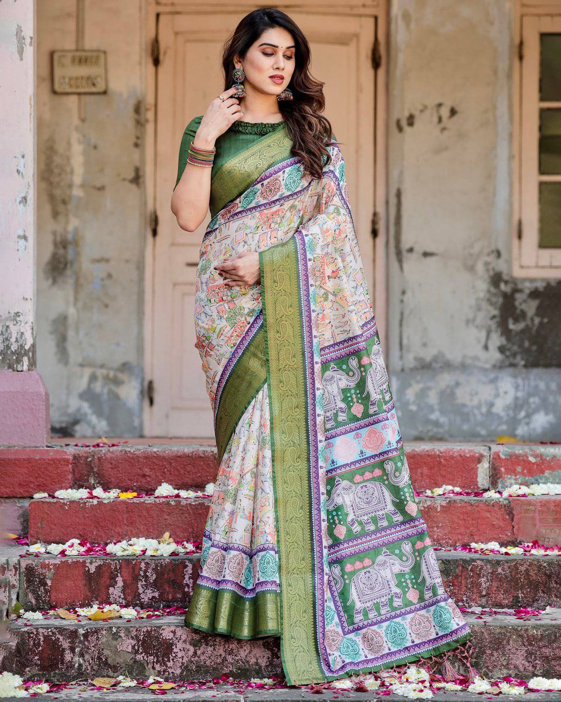 Pure Silk Digitally Printed Saree Weaved With Golden Zari Comes With Tassels