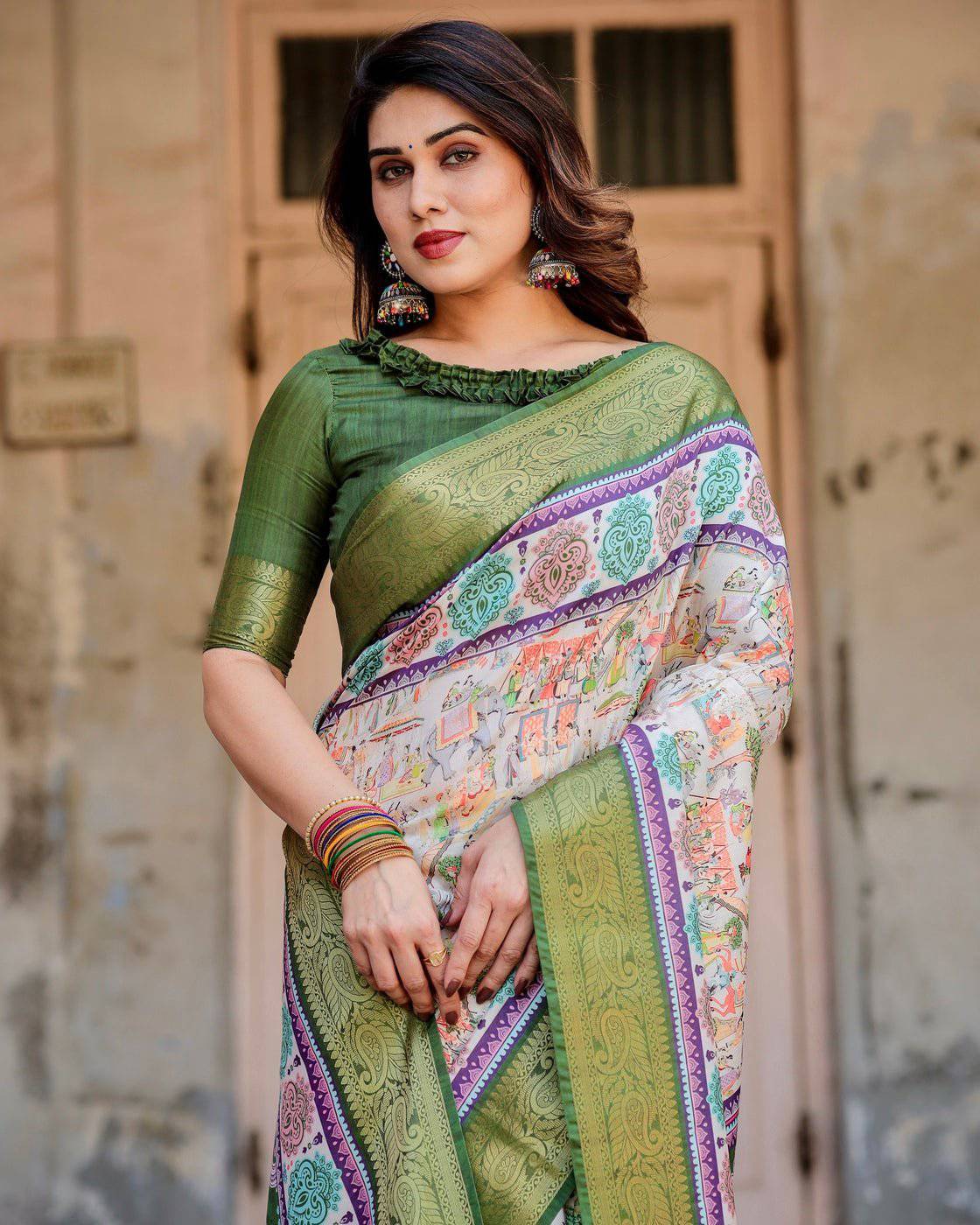 Pure Silk Digitally Printed Saree Weaved With Golden Zari Comes With Tassels