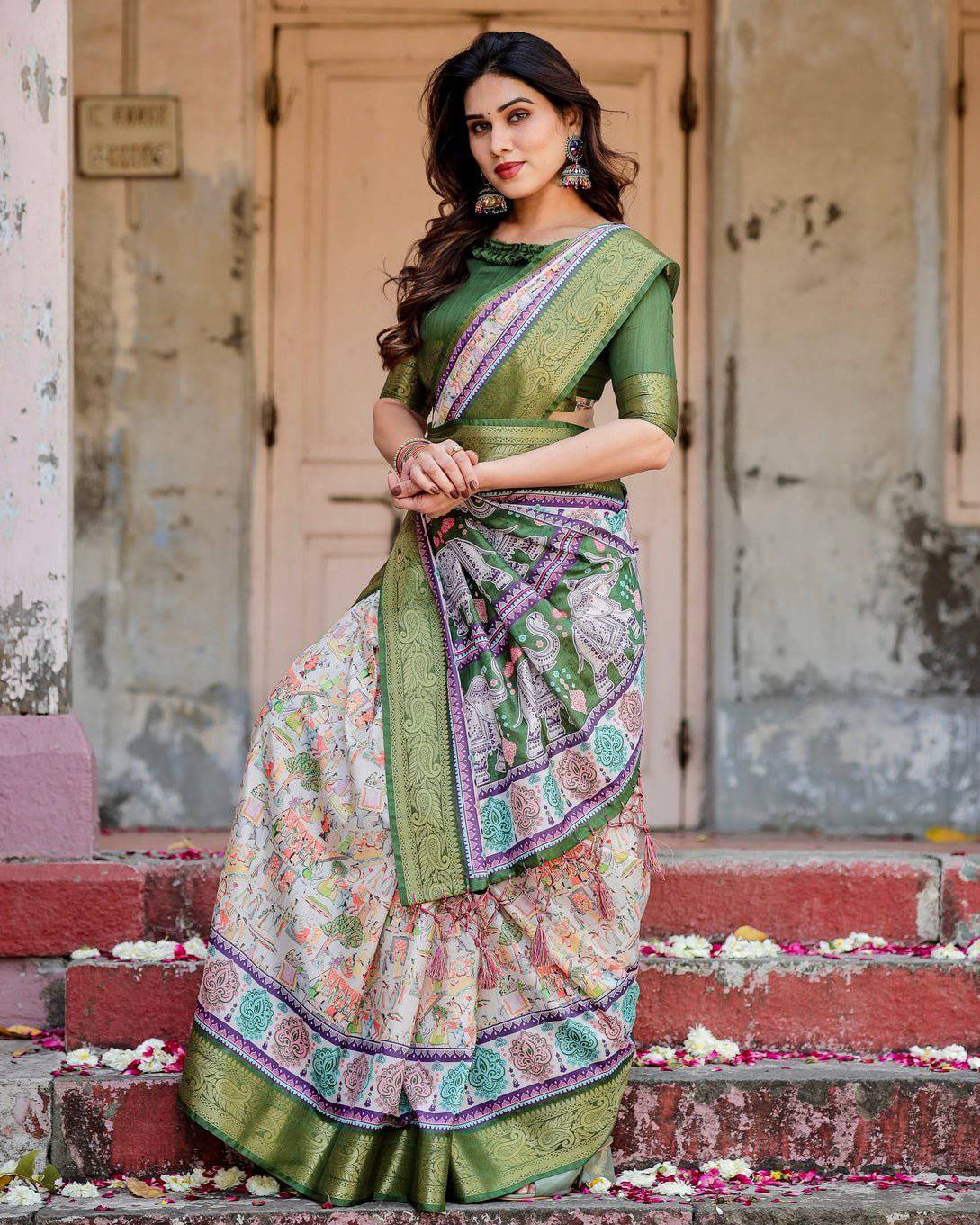 Ivory and Green Banarasi Silk Saree with Elephant Motifs and Intricate Zari Border