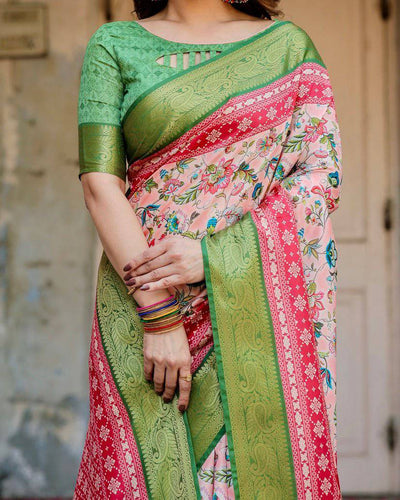 Blush Pink and Green Tussar Silk Saree with Floral Prints and Intricate Zari Work