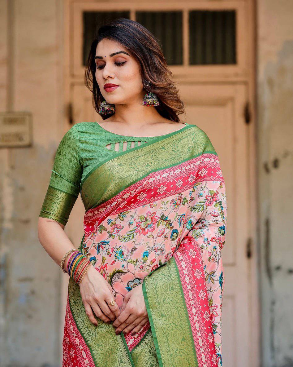 Pure Silk Digitally Printed Saree Weaved With Golden Zari Comes With Tassels