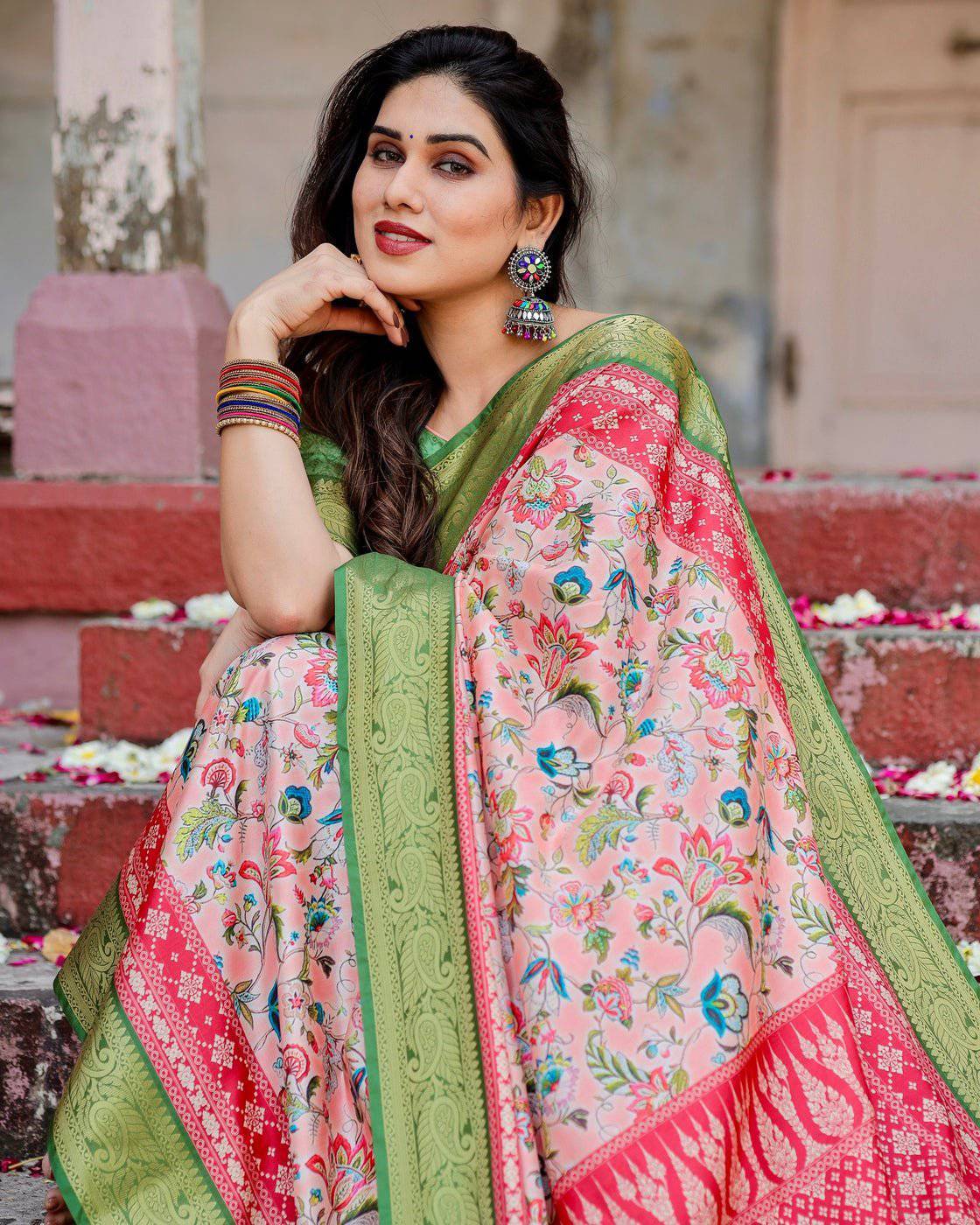 Blush Pink and Green Tussar Silk Saree with Floral Prints and Intricate Zari Work