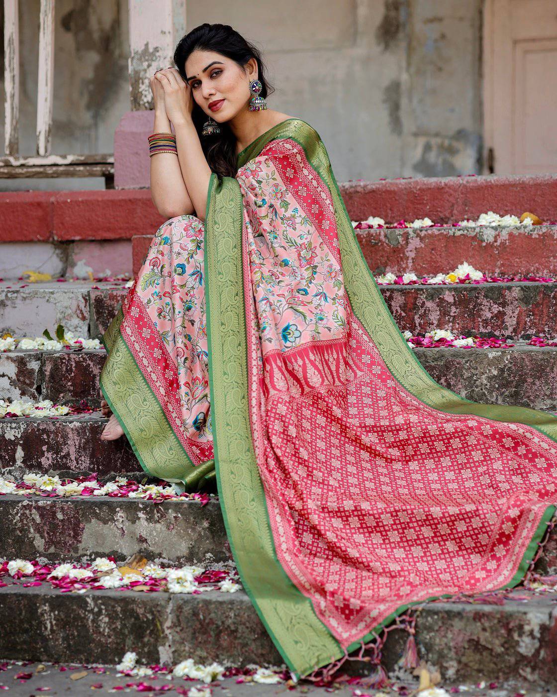 Pure Silk Digitally Printed Saree Weaved With Golden Zari Comes With Tassels