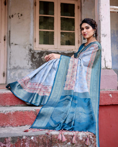 Elegant Blue and Beige Banarasi Silk Saree with Ornate Zari Weaving and Tassels