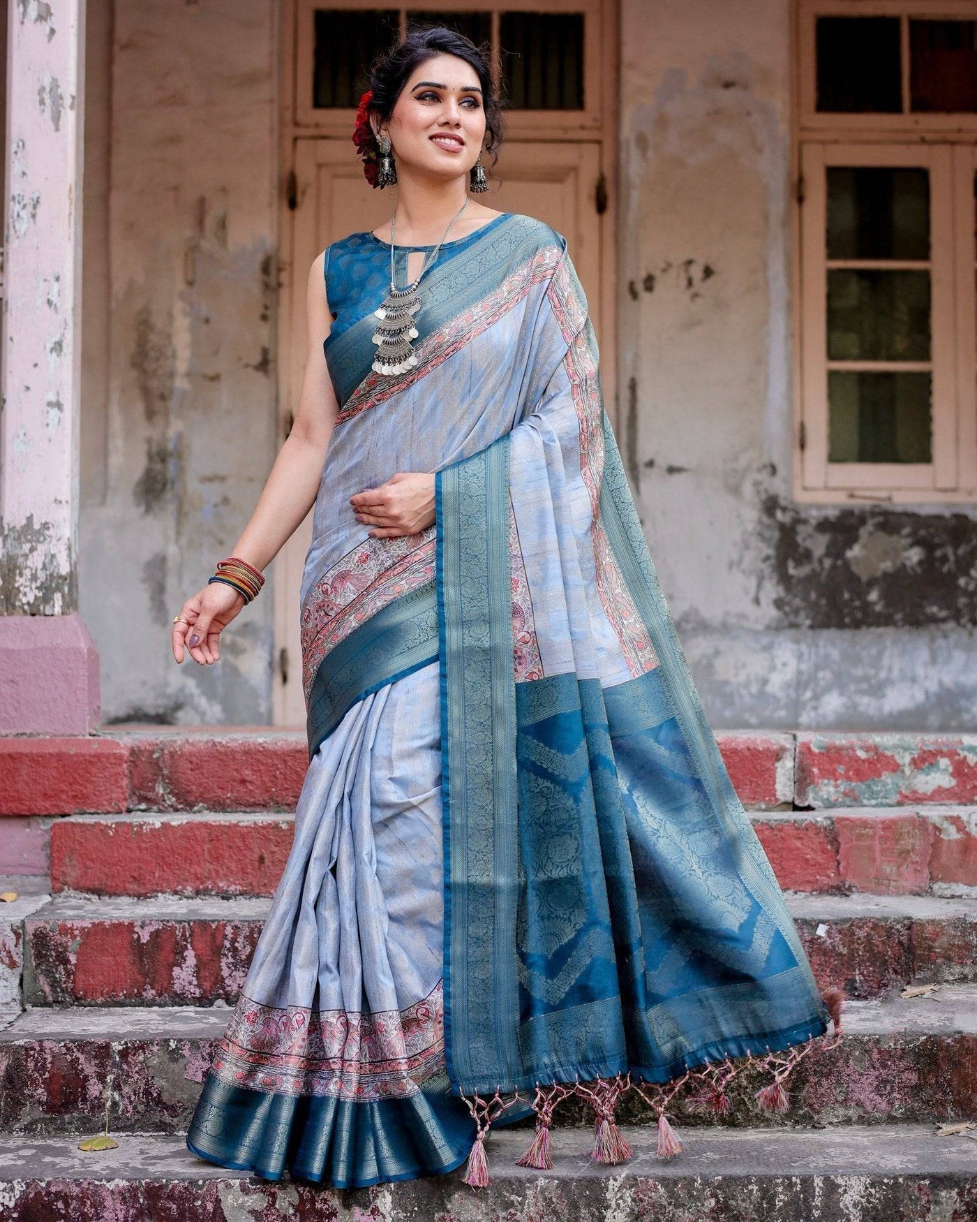 Pure Banarasi Silk Saree Weaved With Golden Zari Comes With Tassels