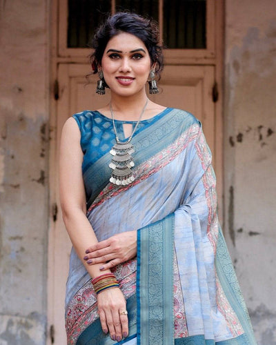 Elegant Blue and Beige Banarasi Silk Saree with Ornate Zari Weaving and Tassels