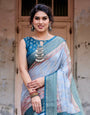 Elegant Blue and Beige Banarasi Silk Saree with Ornate Zari Weaving and Tassels