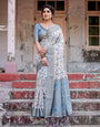 Elegant Light Blue Banarasi Silk Saree with Floral Design and Zari Weaved Pallu