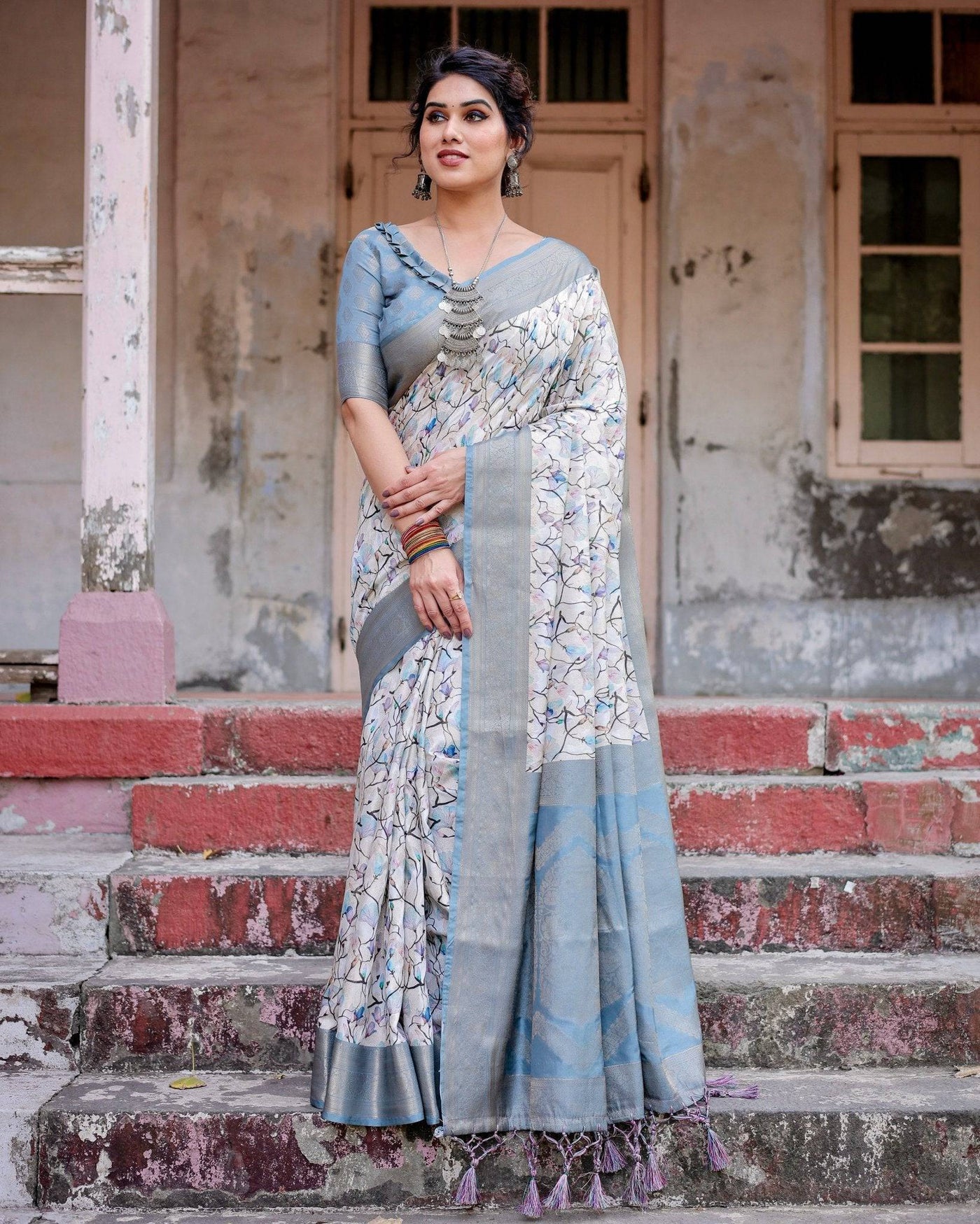 Elegant Light Blue Banarasi Silk Saree with Floral Design and Zari Weaved Pallu