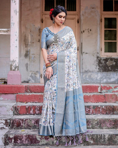 Elegant Light Blue Banarasi Silk Saree with Floral Design and Zari Weaved Pallu