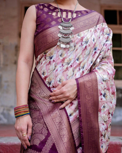 Elegant Wine Floral Banarasi Silk Saree with Zari Weave and Tassels