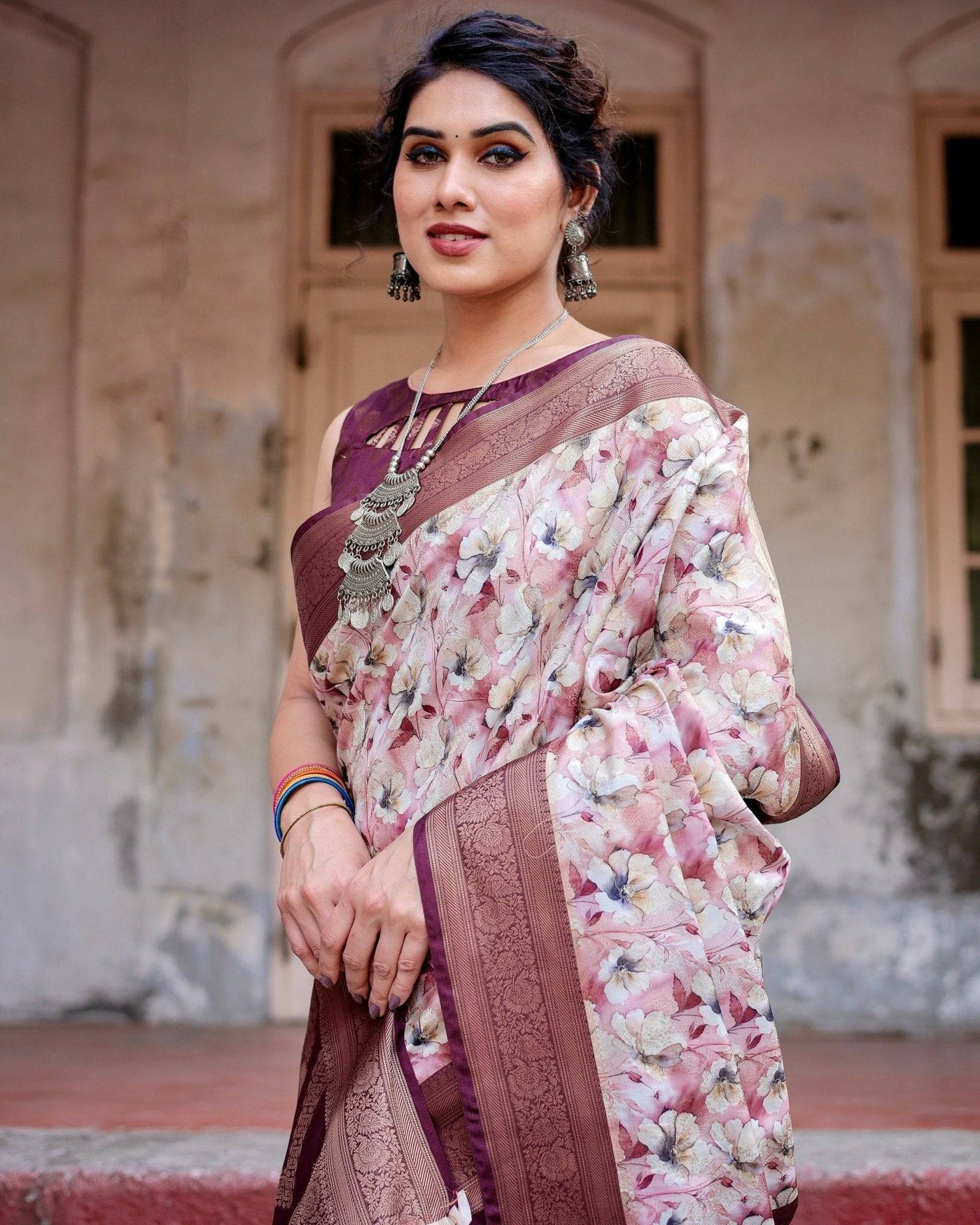 Elegant Wine Floral Banarasi Silk Saree with Zari Weave and Tassels