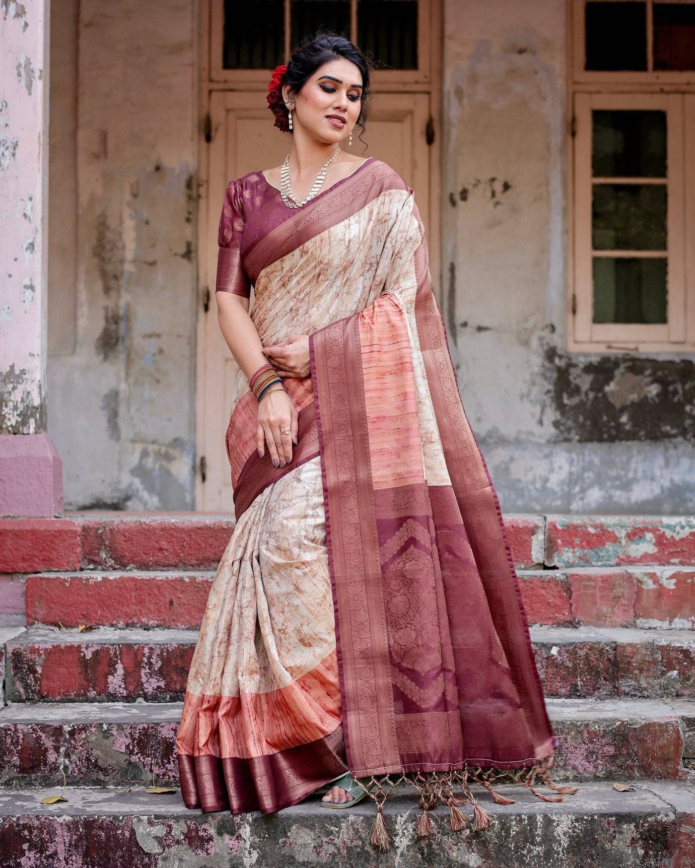 Pure Banarasi Silk Saree Weaved With Golden Zari Comes With Tassels