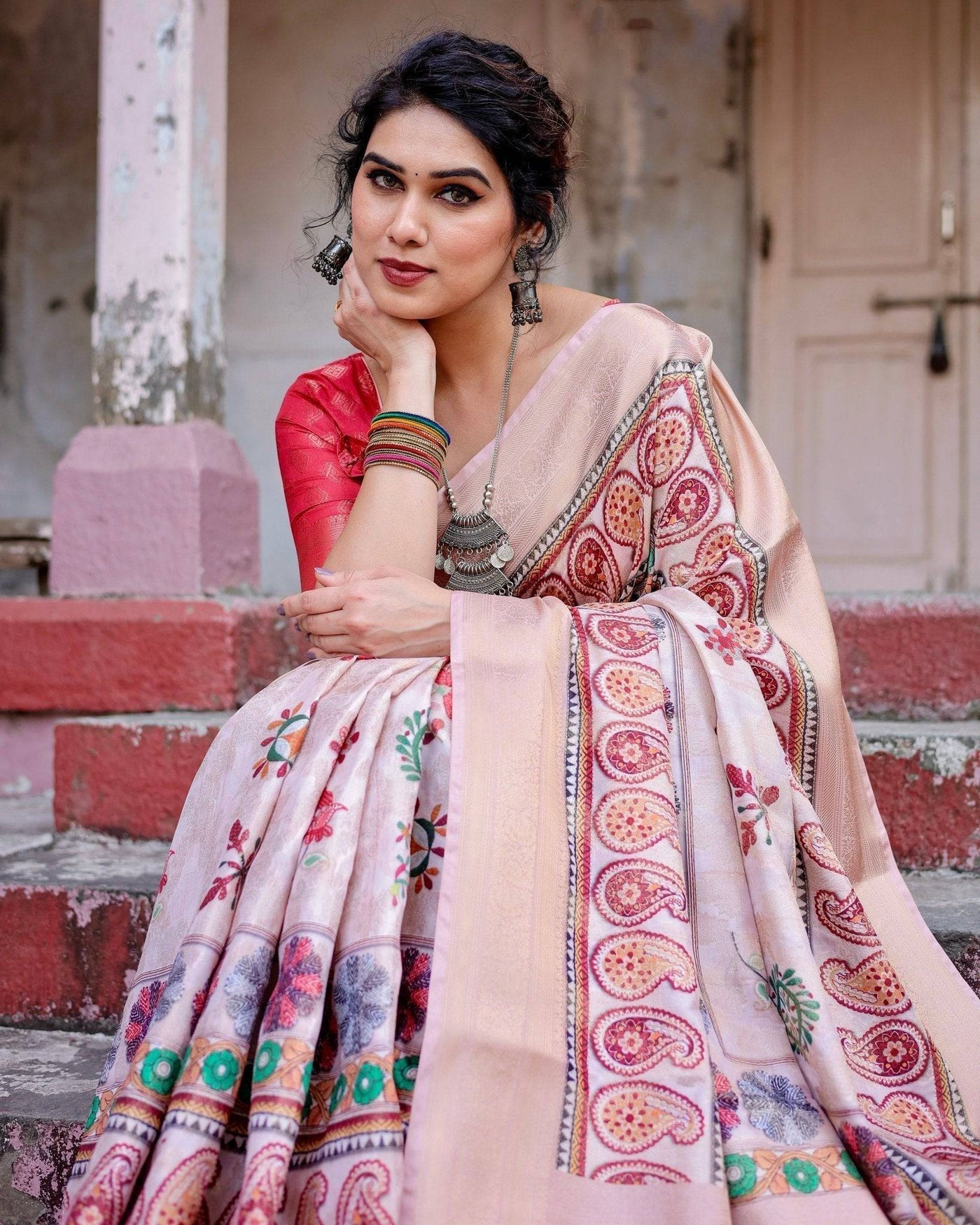 Peach Banarasi Silk Saree with Intricate Paisley and Floral Design