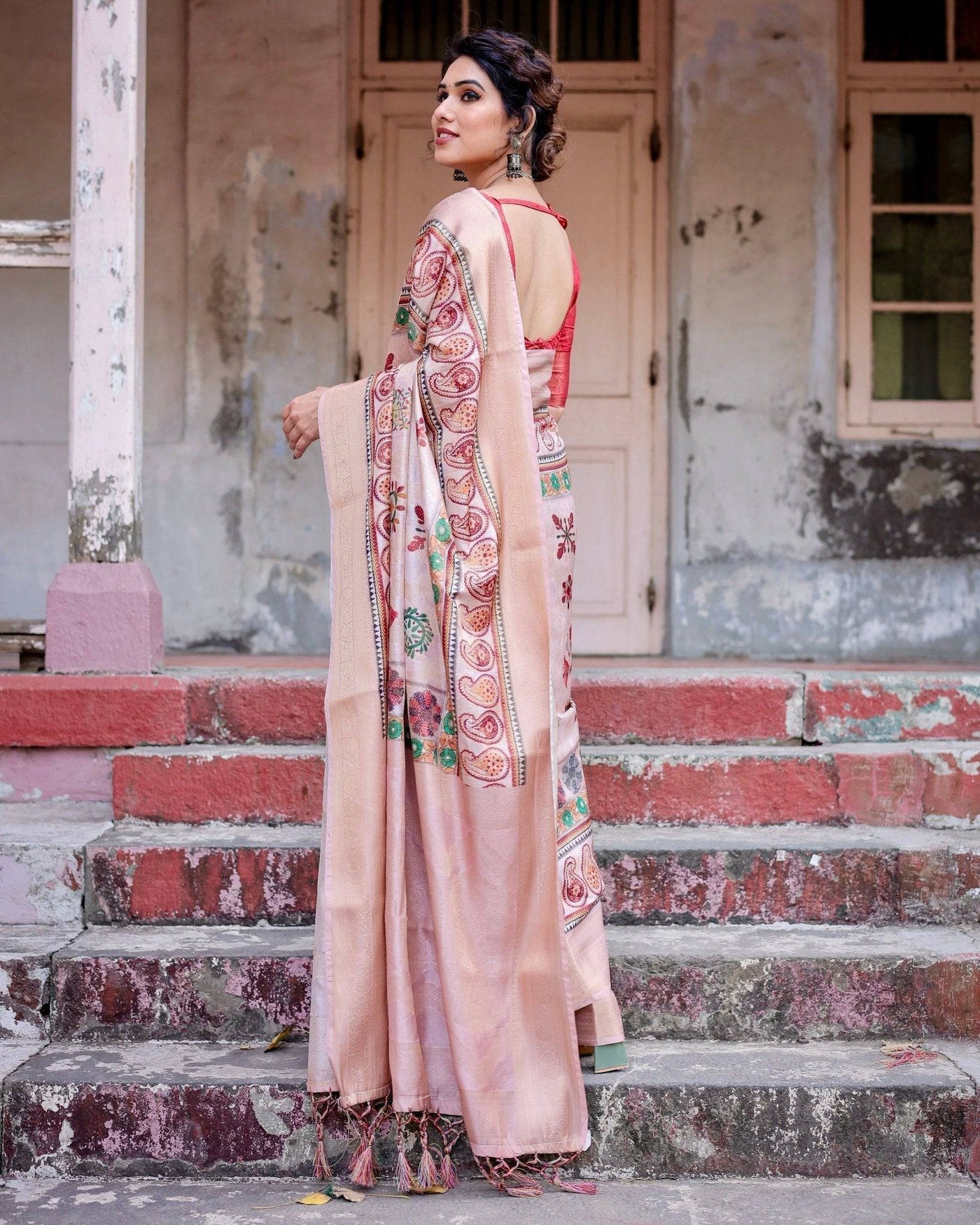 Peach Banarasi Silk Saree with Intricate Paisley and Floral Design