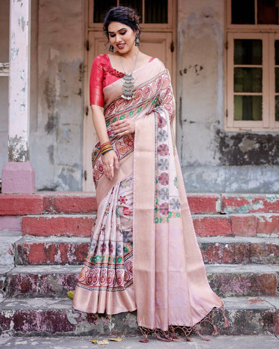 Peach Banarasi Silk Saree with Intricate Paisley and Floral Design