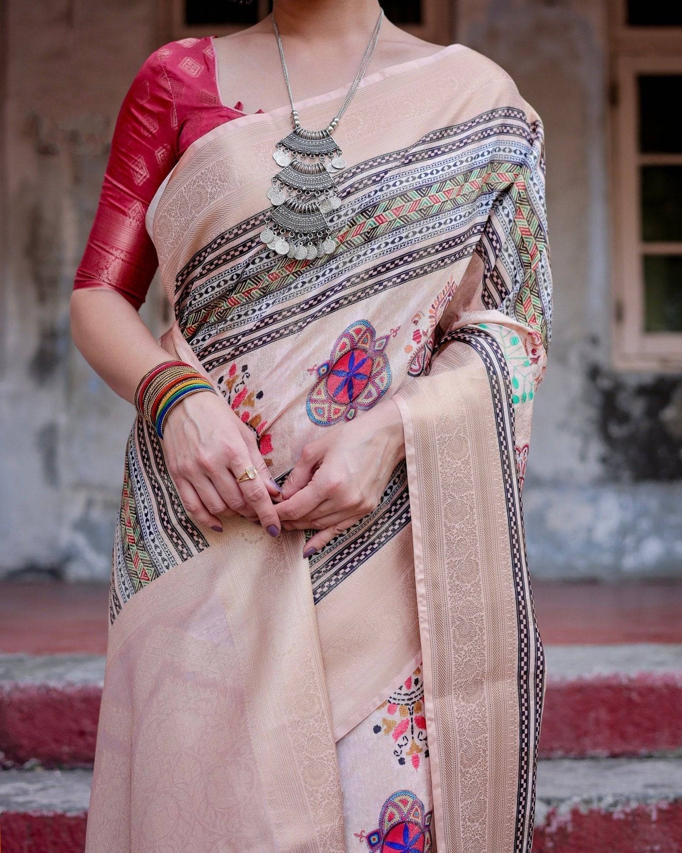 Elegant Peach Banarasi Silk Saree with Multicolor Embroidery and Tassels