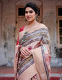 Elegant Peach Banarasi Silk Saree with Multicolor Embroidery and Tassels