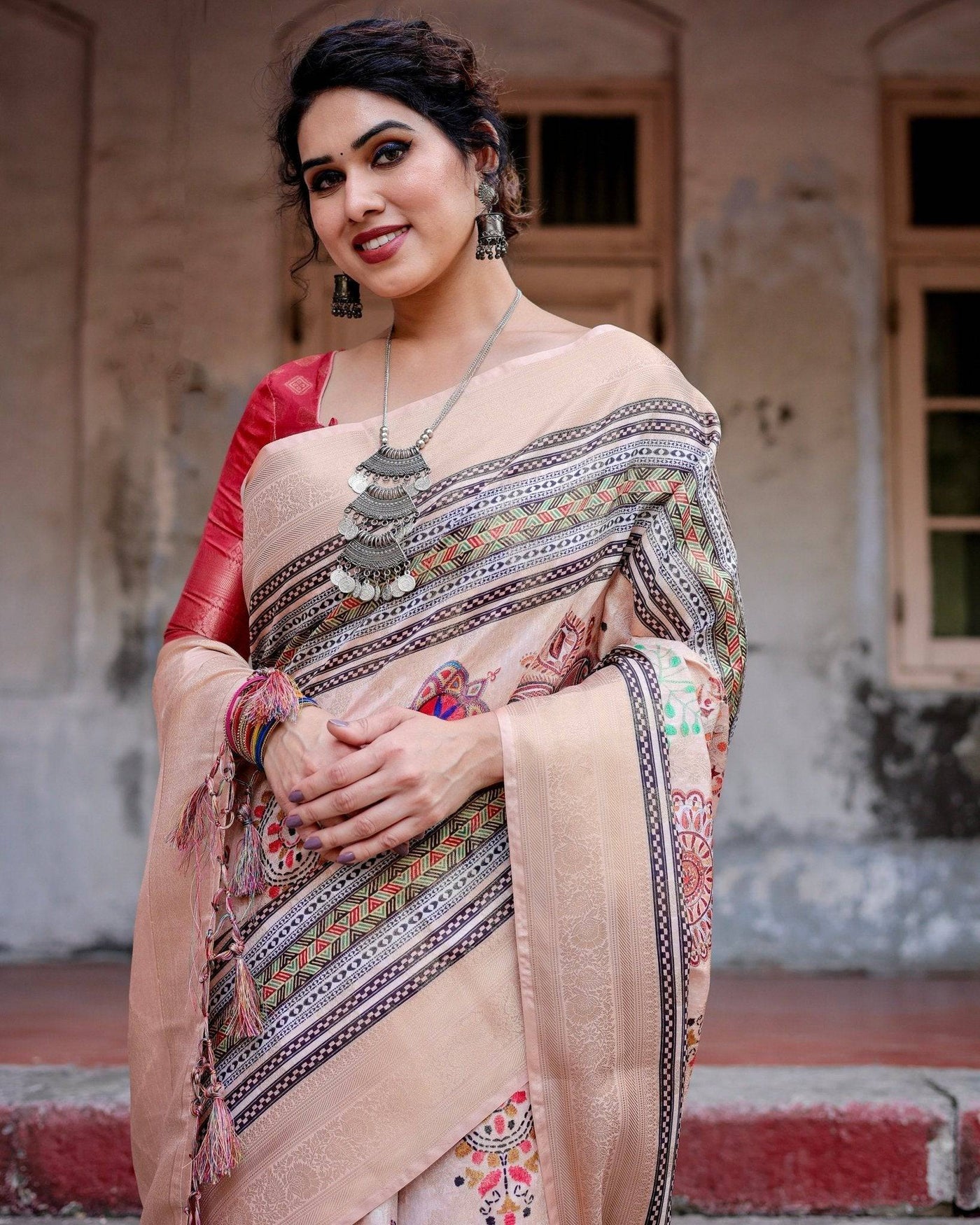 Pure Banarasi Silk Saree Weaved With Golden Zari Comes With Tassels