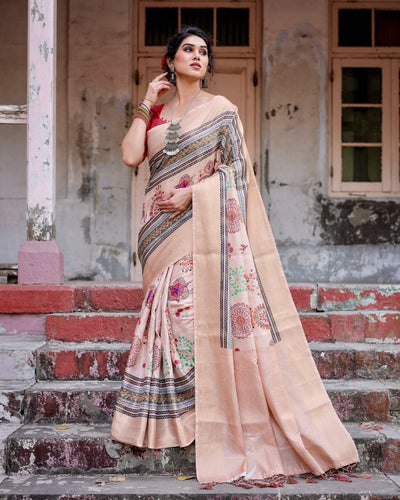 Elegant Peach Banarasi Silk Saree with Multicolor Embroidery and Tassels