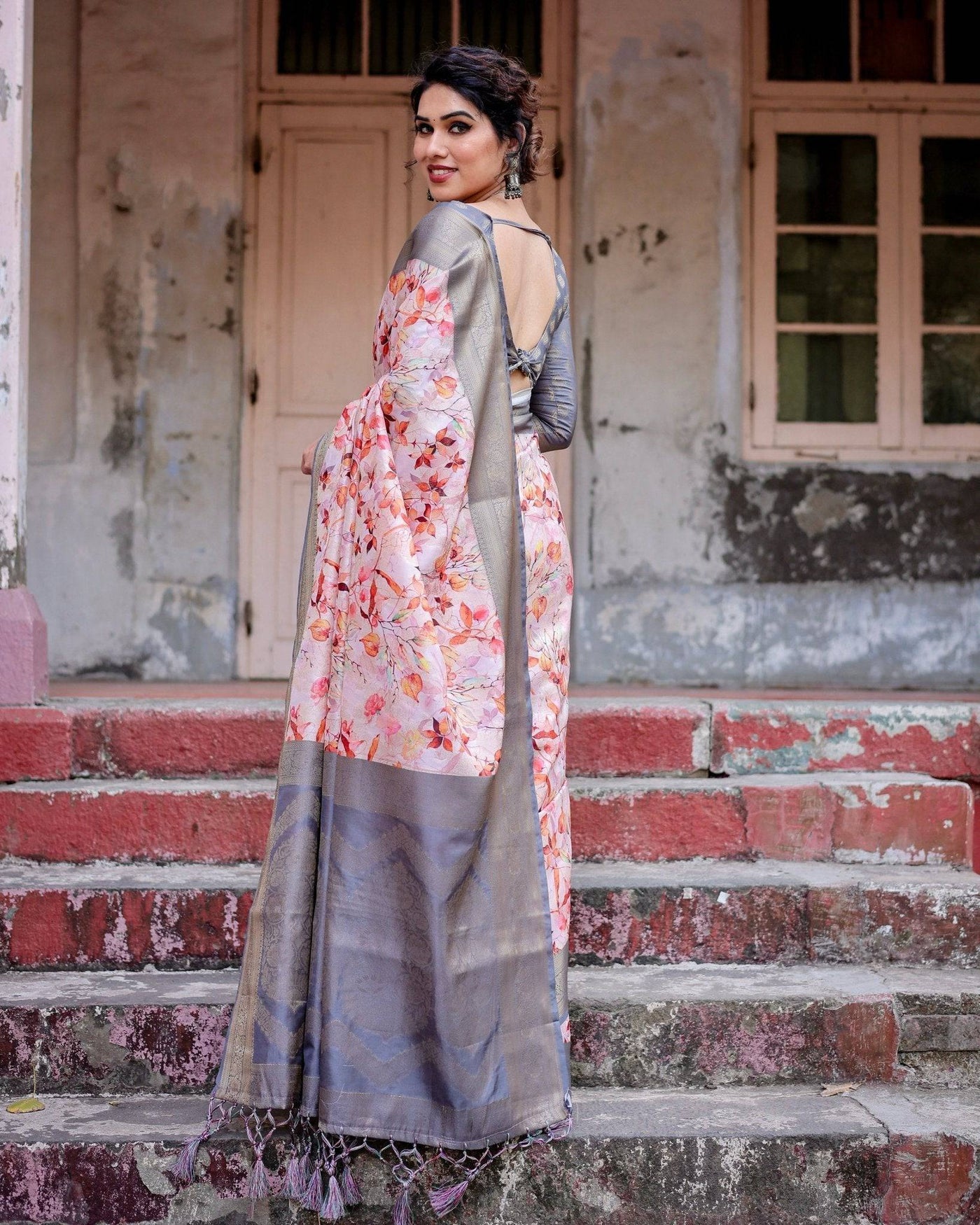 Graceful Grey Banarasi Silk Saree with Floral Elegance and Zari Accents