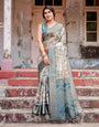 Graceful Teal Banarasi Silk Saree with Digital Vintage Prints and Zari Weaving