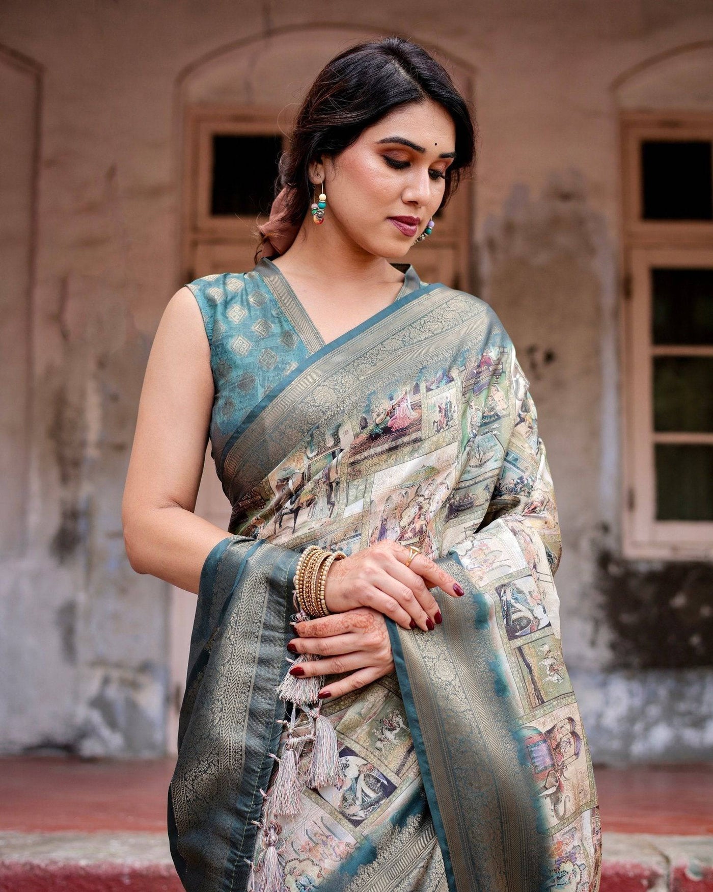 Graceful Teal Banarasi Silk Saree with Digital Vintage Prints and Zari Weaving