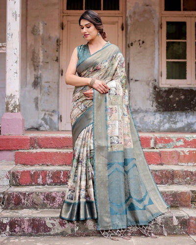 Graceful Teal Banarasi Silk Saree with Digital Vintage Prints and Zari Weaving