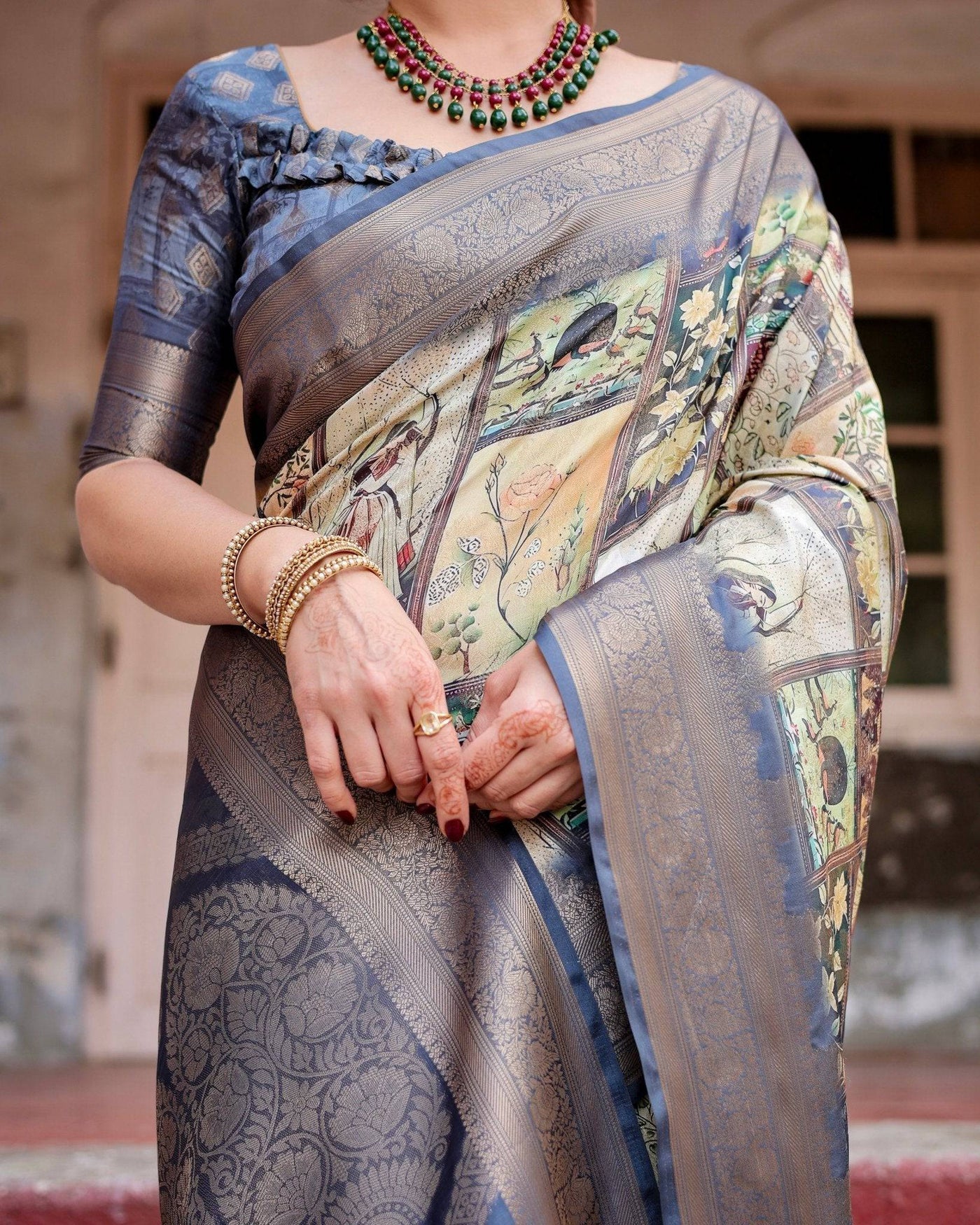 Banarasi Silk Saree in Beige with Multicolor Paisley and Floral Design