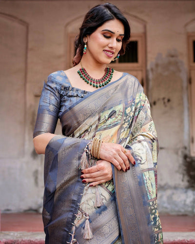 Pure Banarasi Silk Saree Weaved With Golden Zari Comes With Tassels