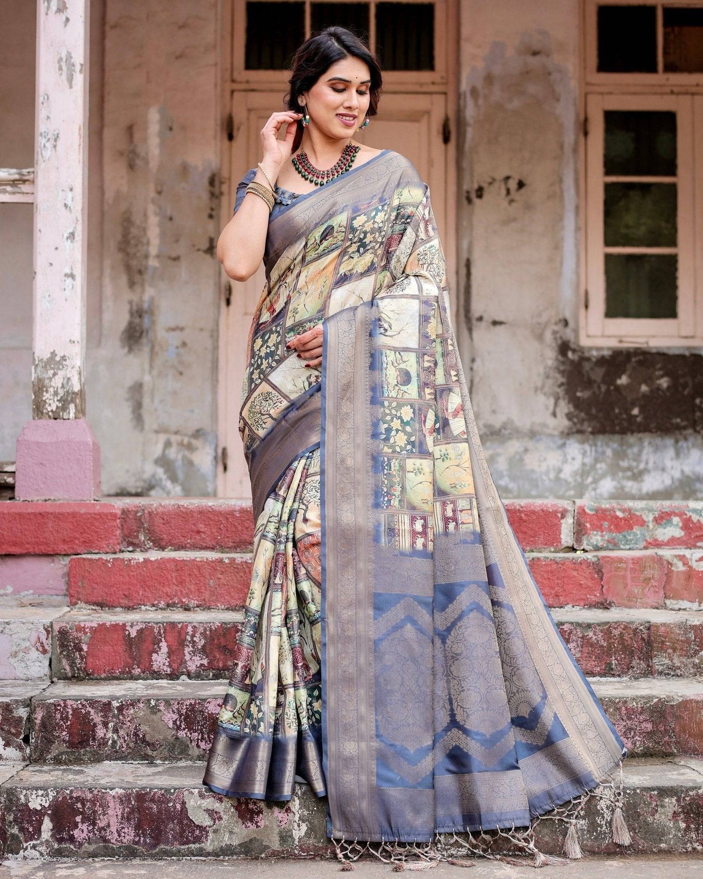 Pure Banarasi Silk Saree Weaved With Golden Zari Comes With Tassels