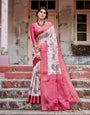 Graceful Fuchsia Pink Banarasi Silk Saree with Digital Forest Scenery Print & Zari Weave