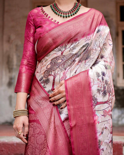 Graceful Fuchsia Pink Banarasi Silk Saree with Digital Forest Scenery Print & Zari Weave