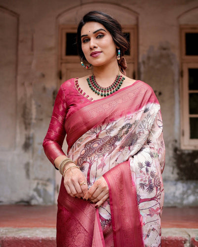 Graceful Fuchsia Pink Banarasi Silk Saree with Digital Forest Scenery Print & Zari Weave