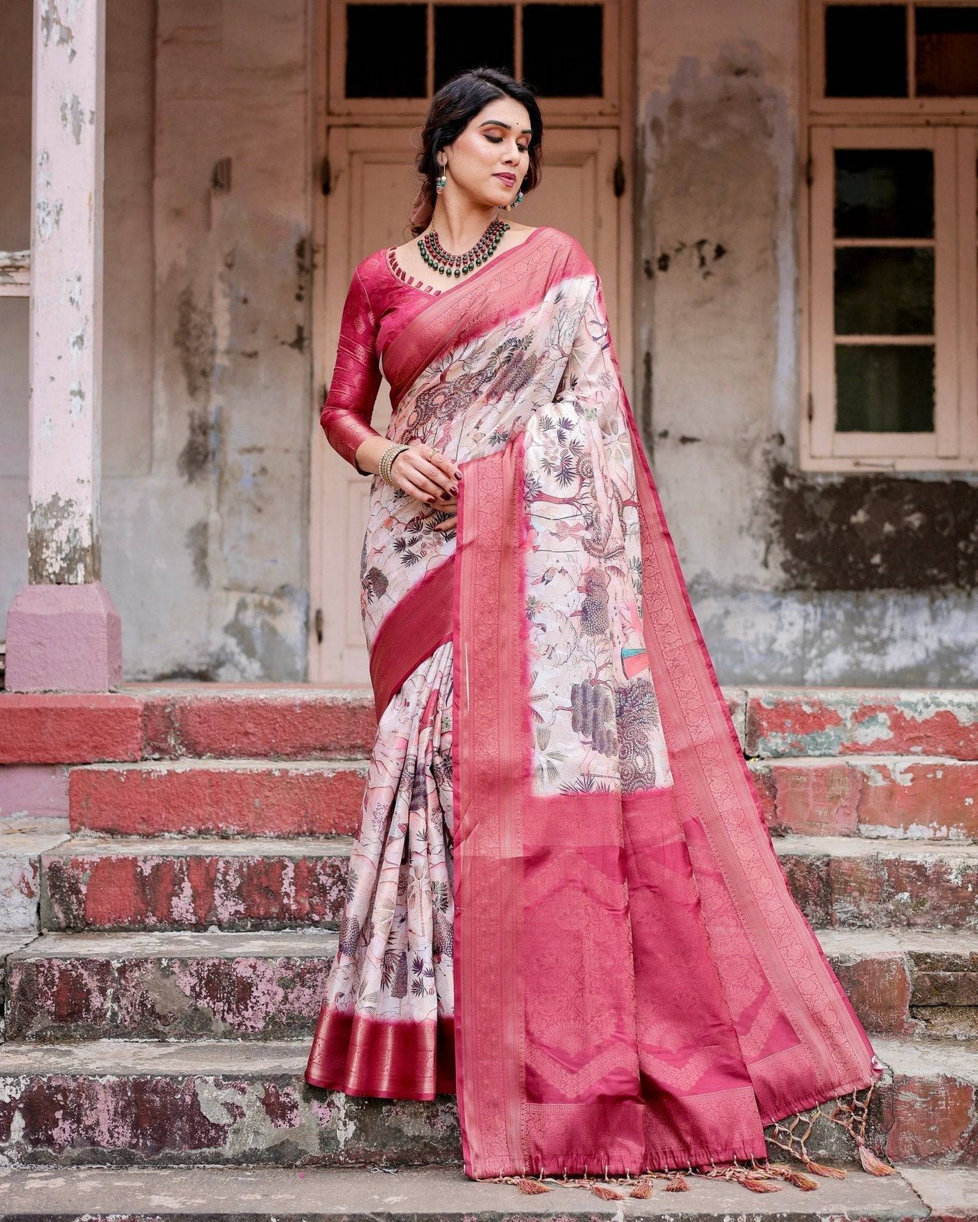 Graceful Fuchsia Pink Banarasi Silk Saree with Digital Forest Scenery Print & Zari Weave