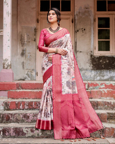 Graceful Fuchsia Pink Banarasi Silk Saree with Digital Forest Scenery Print & Zari Weave