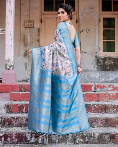 Elegant Floral Banarasi Silk Saree in Sky Blue and Blush Pink with Zari Weave and Tassels