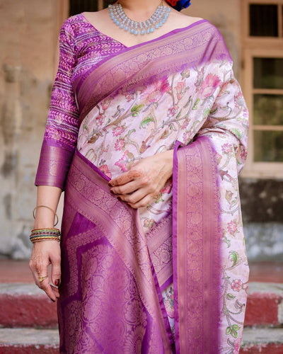 Graceful Lavender Banarasi Silk Saree with Floral Design and Zari Woven Border