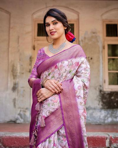 Graceful Lavender Banarasi Silk Saree with Floral Design and Zari Woven Border