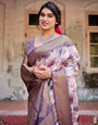 Elegant Purple Floral Banarasi Silk Saree with Intricate Zari Weave and Tassels