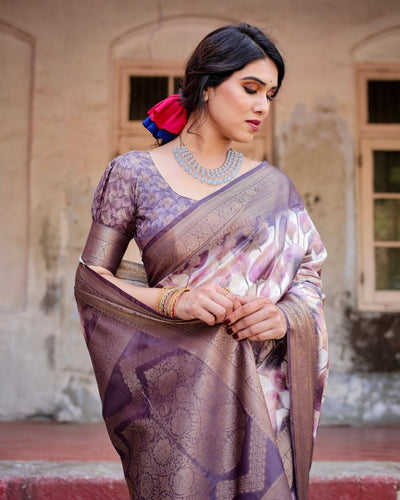 Elegant Purple Floral Banarasi Silk Saree with Intricate Zari Weave and Tassels