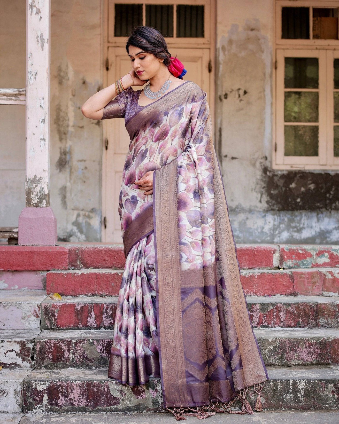 Elegant Purple Floral Banarasi Silk Saree with Intricate Zari Weave and Tassels