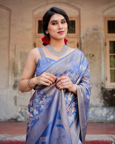 Majestic Blue Banarasi Silk Saree with Delicate Floral Zari Work and Tassel-Embellished Pallu