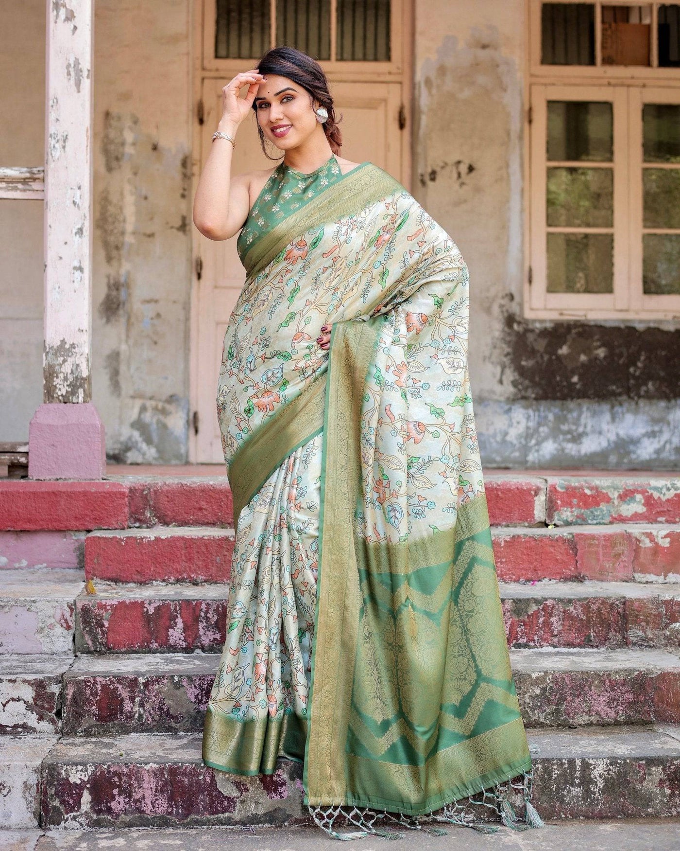 Timeless Green Banarasi Silk Saree with Zari Weaving and Tassels