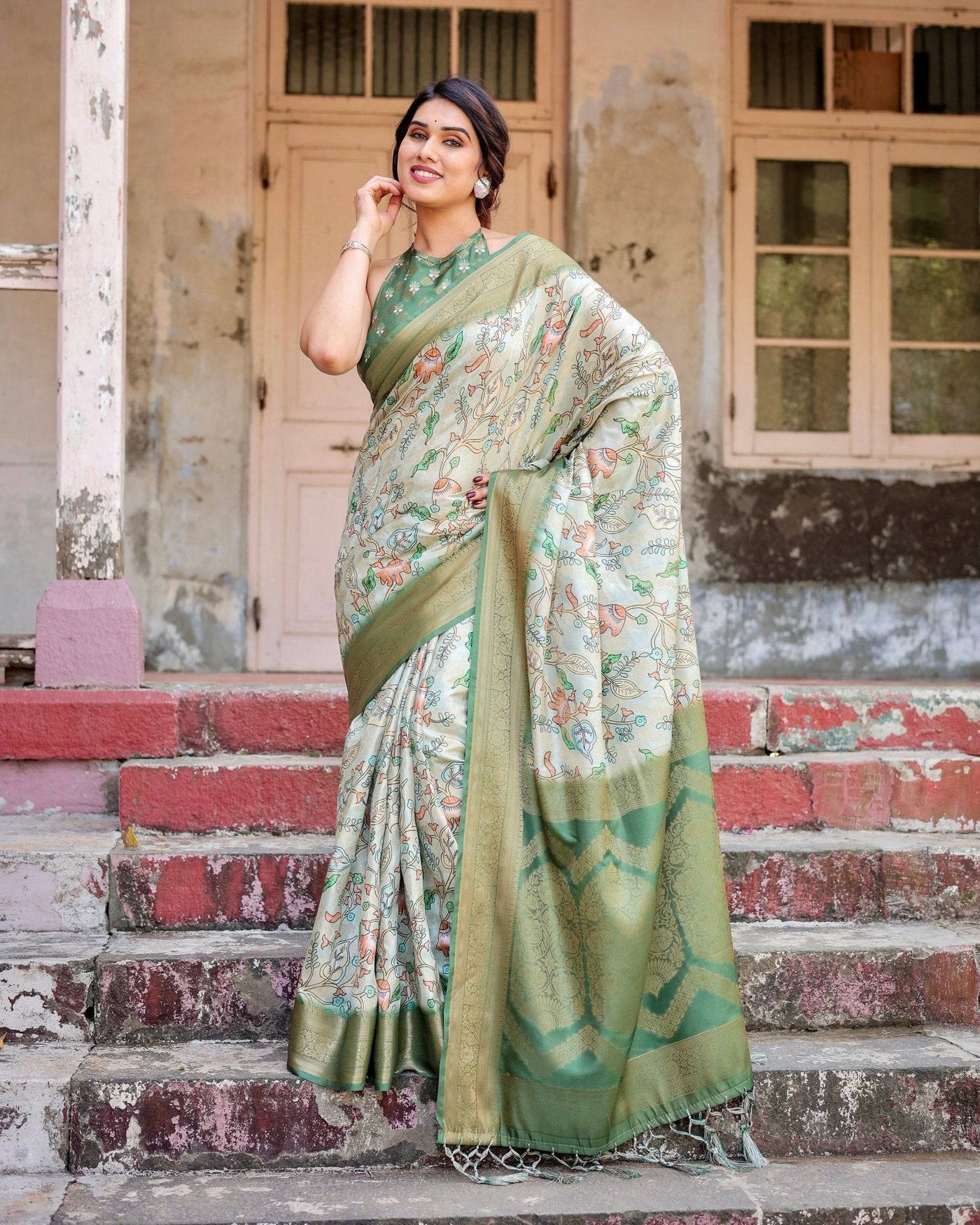 Timeless Green Banarasi Silk Saree with Zari Weaving and Tassels